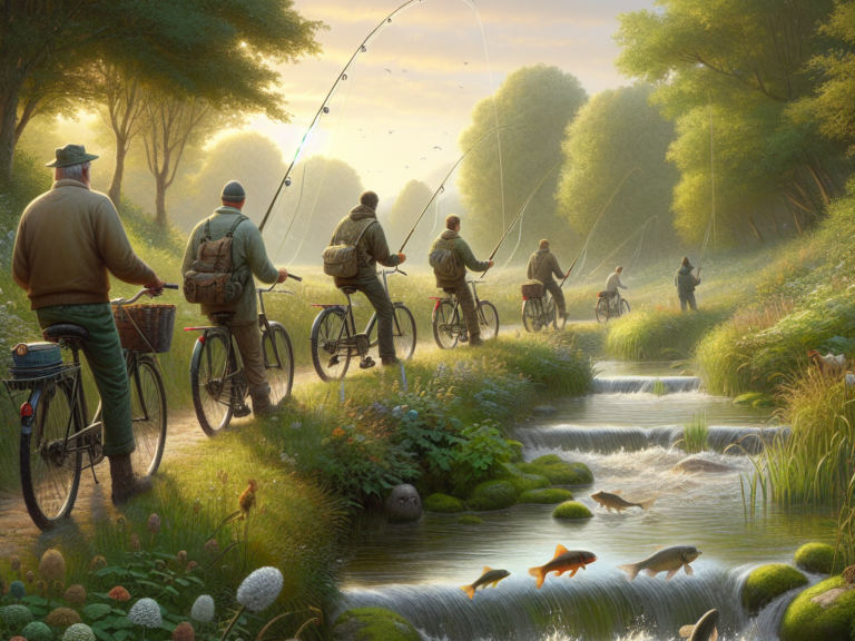 mehrere Fischer am Fahrrad neben einem Bach